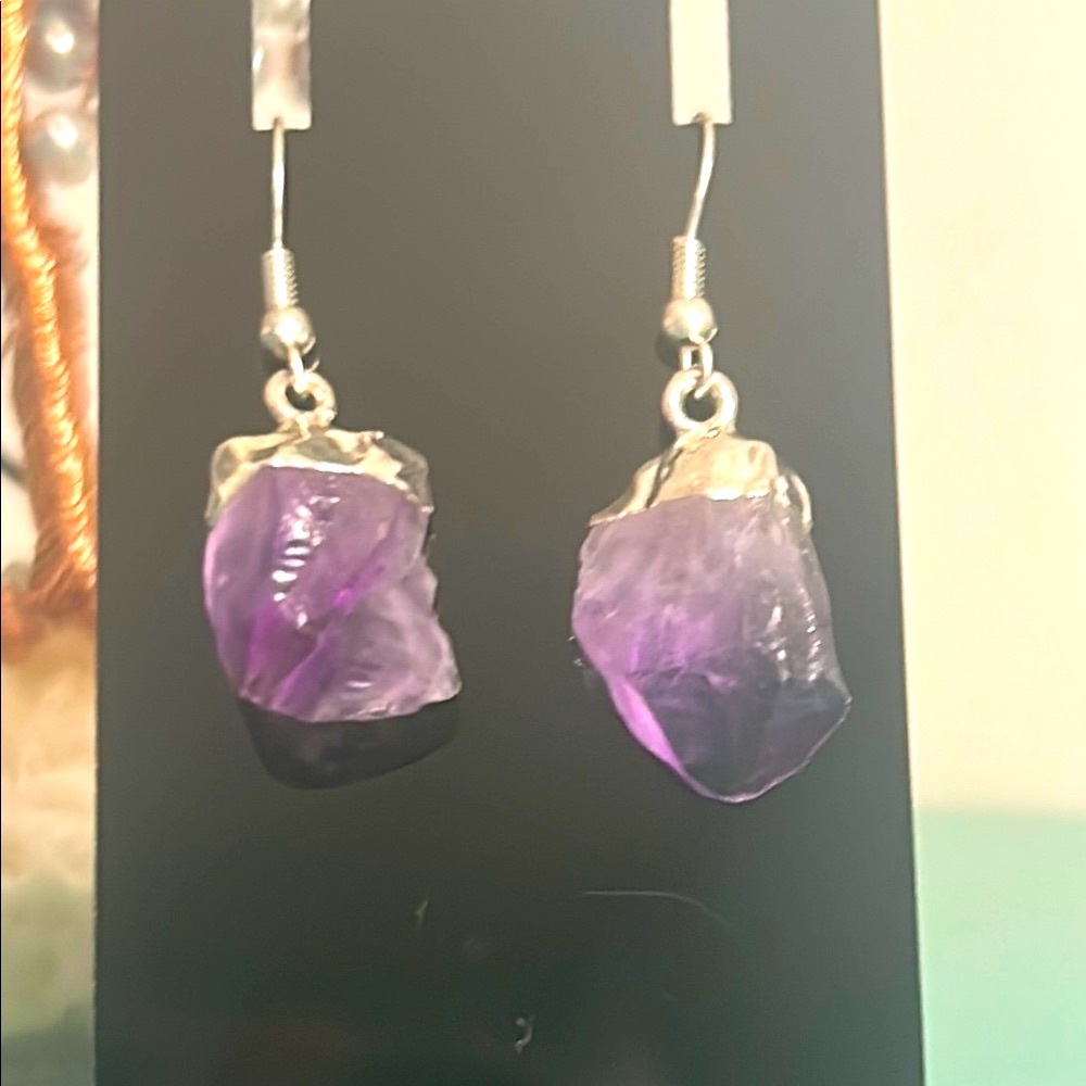Hand Crafted Artisan Raw Amethyst  Point Purple and Silver Dangle Earrings